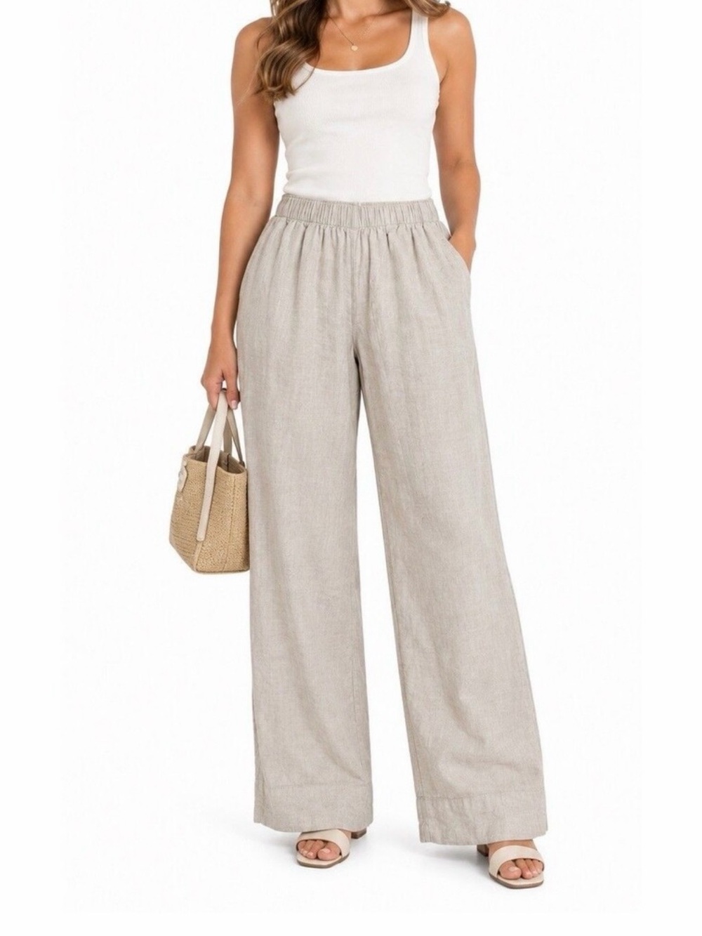 Abercrombie & Fitch Beige Wide-Leg Linen Blend Trousers